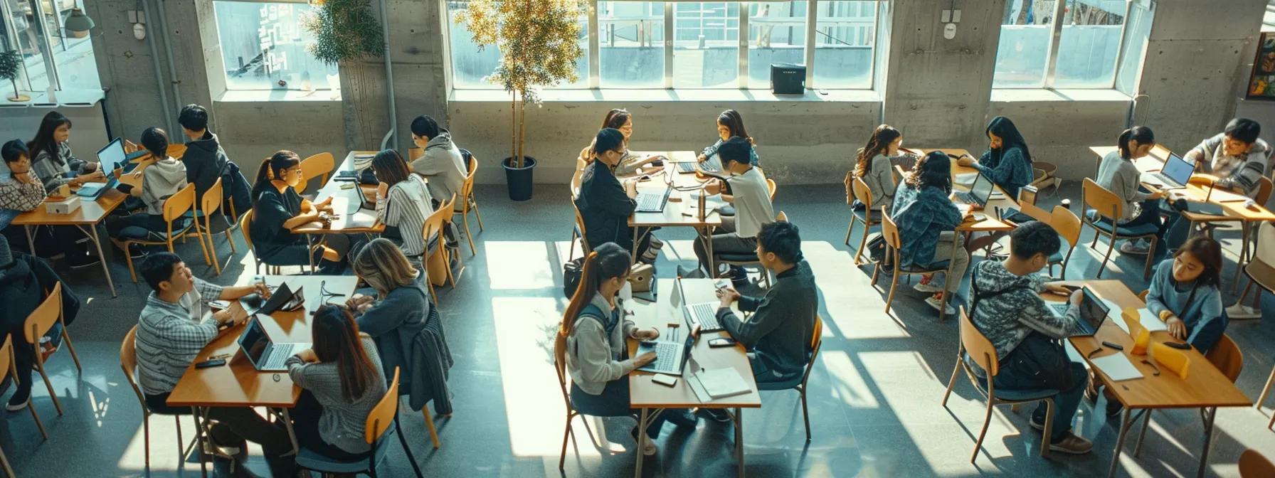 a modern, well-organized classroom filled with engaged students interacting with sleek digital devices, showcasing a dynamic online education environment focused on design theory and professional development.