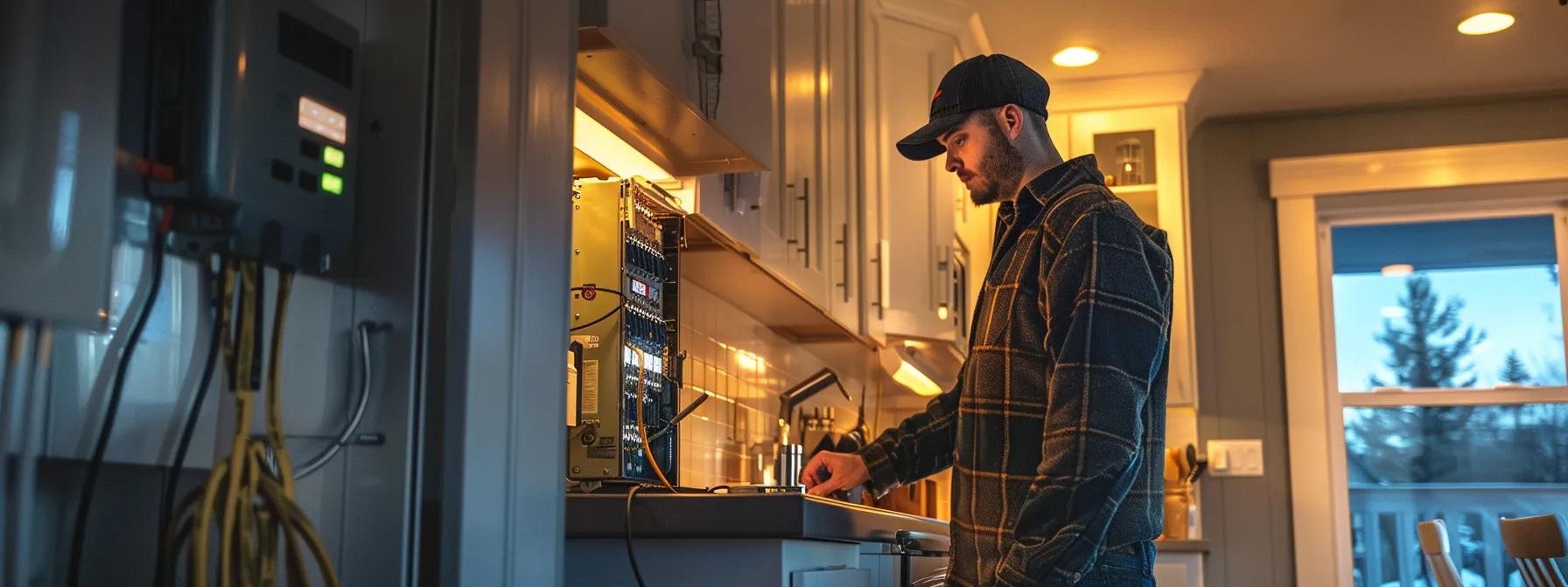 a modern, well-lit cape cod home interior showcases a licensed electrician expertly inspecting an intricate electrical panel, emphasizing the importance of safety and compliance in residential electrical work. a modern, well-lit cape cod home interior showcases a licensed electrician expertly inspecting an intricate electrical panel, emphasizing the importance of safety and compliance in residential electrical work.