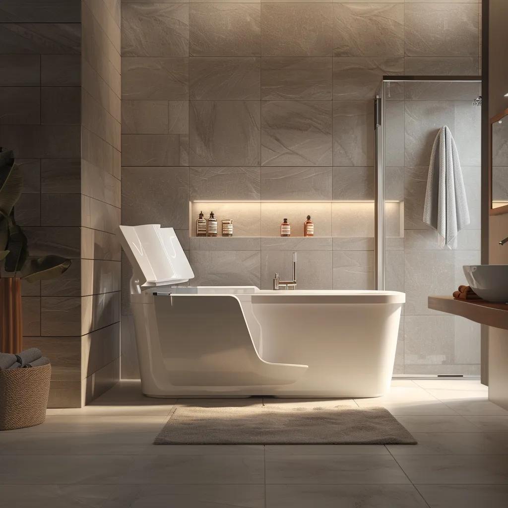 a modern, well-lit bathroom features a sleek, luxurious walk-in tub surrounded by elegant tile, highlighting its accessibility and stylish design for relaxation and comfort.