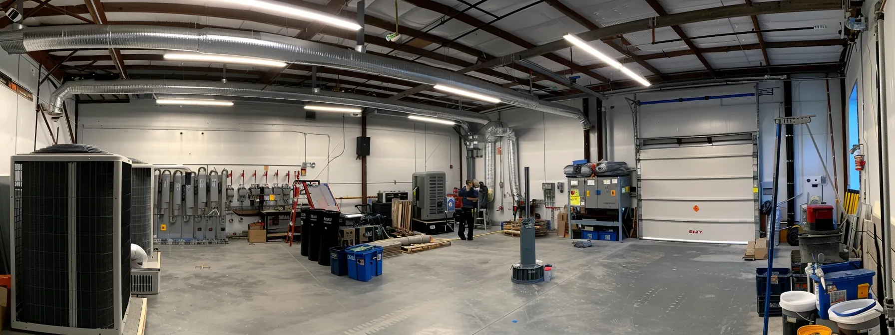 a modern, well-equipped hvac installation workshop in summit, nj, illuminated by bright overhead lights, showcases skilled technicians expertly setting up an energy-efficient air conditioning unit, highlighting the importance of professional installation for enhancing indoor comfort and air quality.