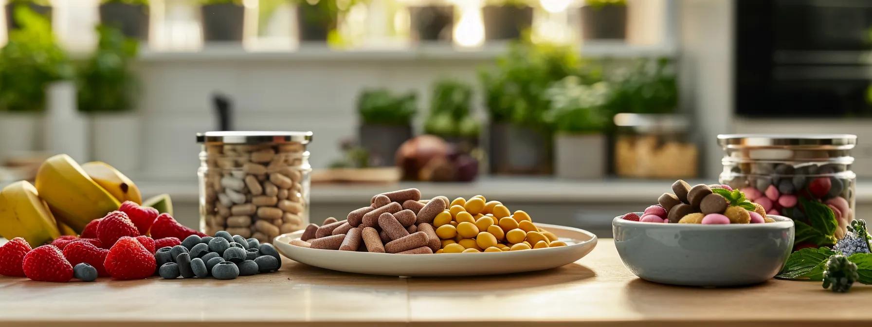 a modern, well-lit kitchen counter showcases an array of colorful, healthy dog training treats surrounded by visually appealing ingredients like omega-3 capsules, vibrant berries, and fresh herbs, emphasizing their role in enhancing canine cognitive health. a modern, well-lit kitchen counter showcases an array of colorful, healthy dog training treats surrounded by visually appealing ingredients like omega-3 capsules, vibrant berries, and fresh herbs, emphasizing their role in enhancing canine cognitive health.