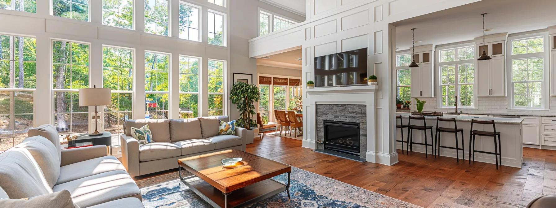 a modern, well-designed home interior showcases an open living space with strategic window placements promoting airflow, emphasizing the importance of architectural features in optimizing cooling efficiency.