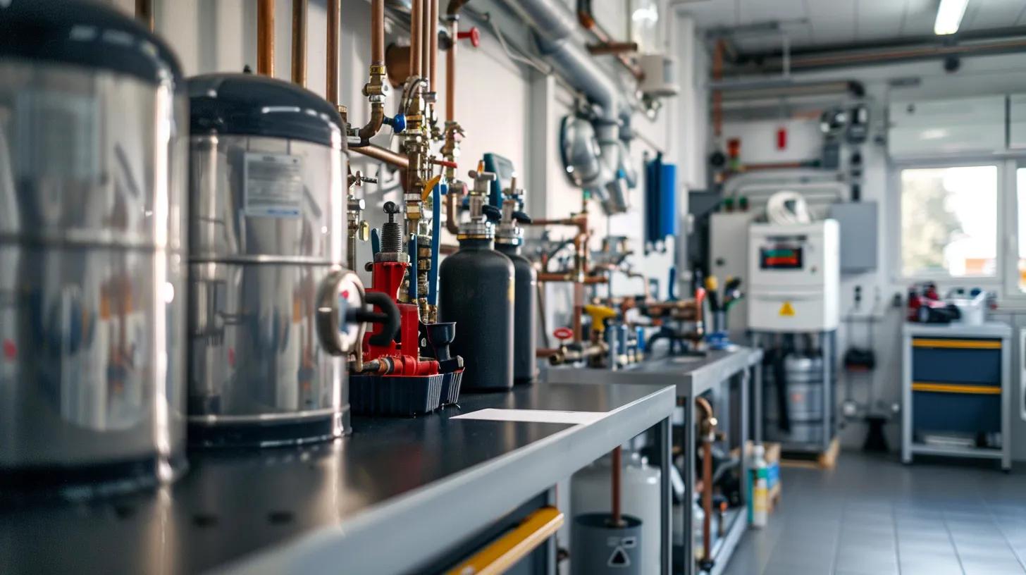 a modern, well-organized plumbing workshop showcases a skilled technician confidently diagnosing a water heater failure, surrounded by an array of high-quality tools and equipment on robust workbenches, emphasizing a professional approach to comprehensive plumbing solutions. a modern, well-organized plumbing workshop showcases a skilled technician confidently diagnosing a water heater failure, surrounded by an array of high-quality tools and equipment on robust workbenches, emphasizing a professional approach to comprehensive plumbing solutions.