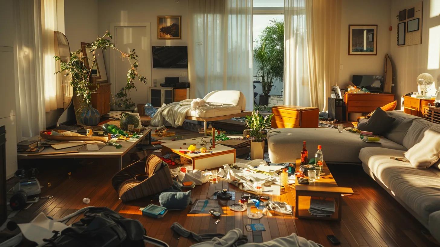 a modern, well-lit living room in atlanta showcases a messy aftermath of a lively party, featuring scattered decorations, overturned furniture, and empty glasses, with a professional cleaner methodically at work using advanced equipment to restore order.
