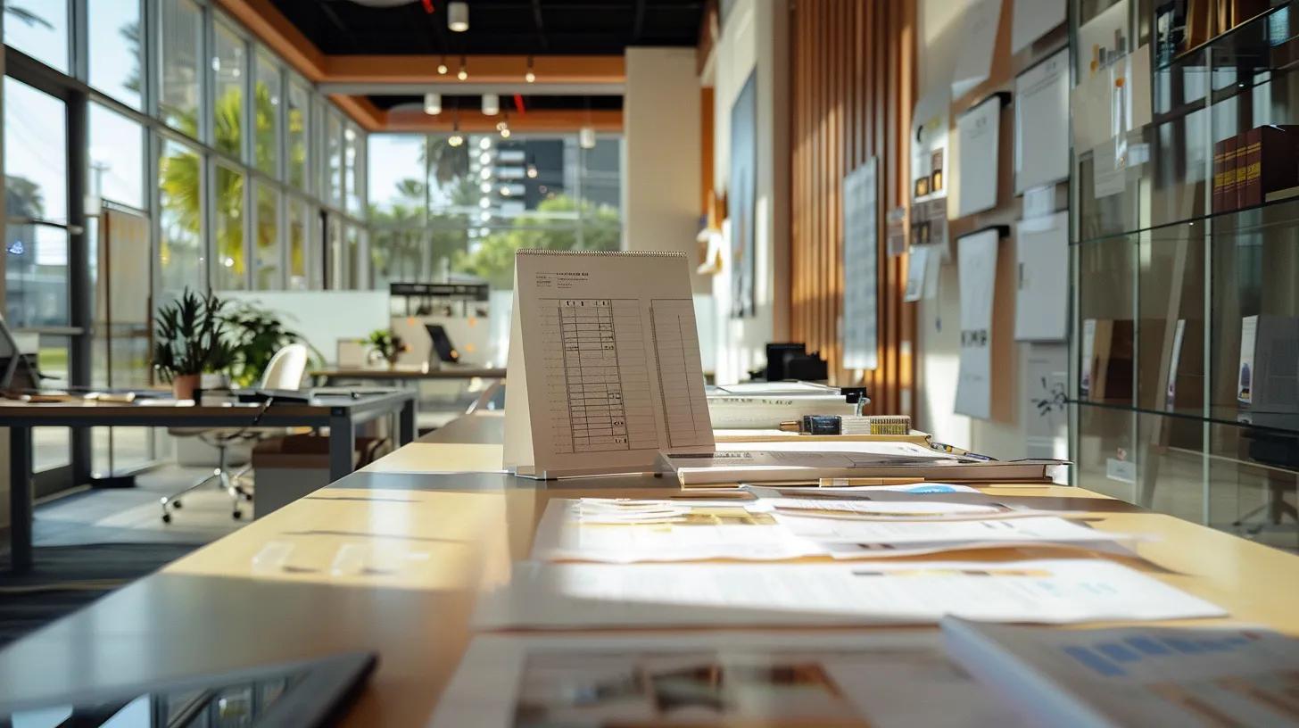 a modern west palm beach office showcases a sleek conference table surrounded by presentation materials and blueprints of impact window installations, highlighting the strategic planning and innovative solutions for enhancing security and long-term savings in residential and commercial projects.