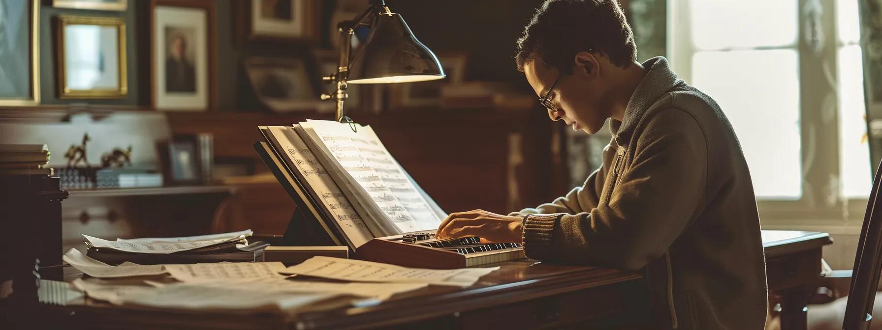 a musician sitting at a wooden desk surrounded by sheet music and a metronome, deeply focused on preparing for an upcoming audition. a musician sitting at a wooden desk surrounded by sheet music and a metronome, deeply focused on preparing for an upcoming audition.