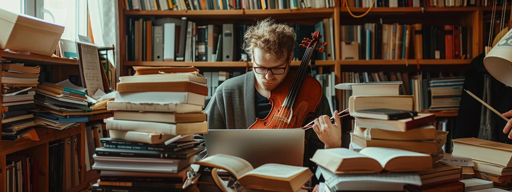 a musician surrounded by stacks of books and a laptop, researching different orchestras, with a determined expression on their face. a musician surrounded by stacks of books and a laptop, researching different orchestras, with a determined expression on their face.