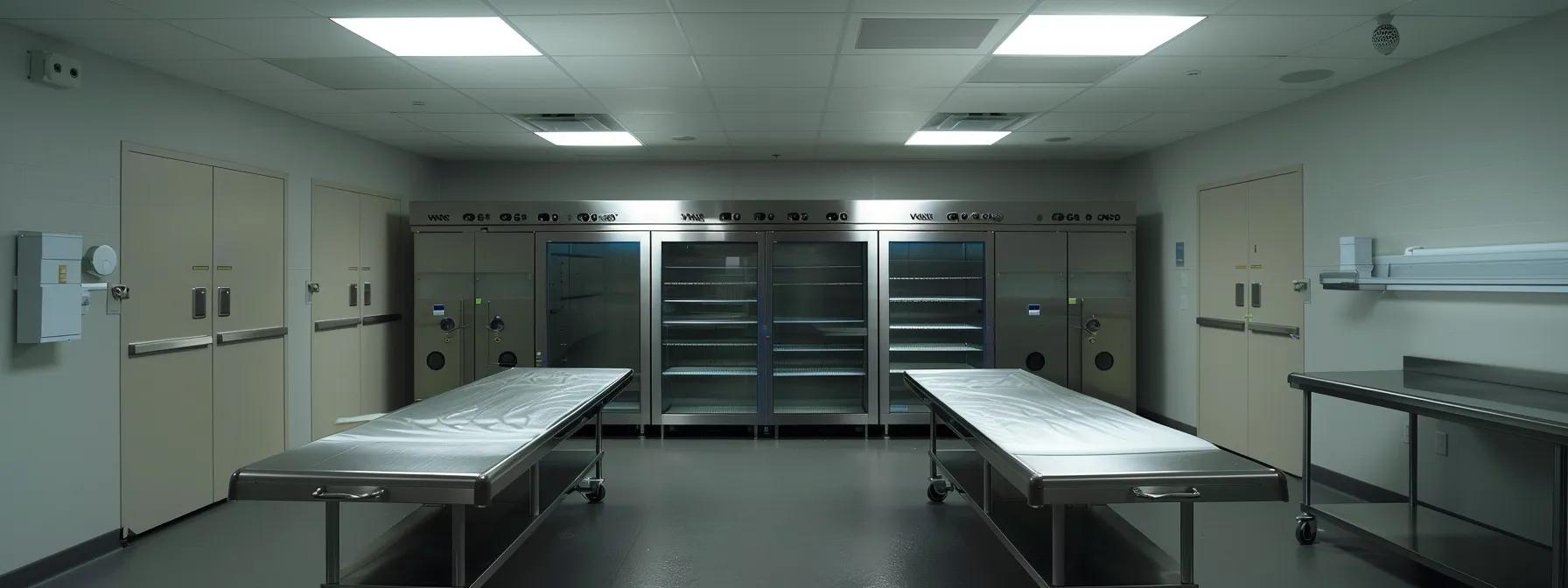 a neat and sterile morgue cooler room featuring several upright and undercounter morgue freezers, highlighted by an ambient overhead light that illuminates the units, showcasing their reliable design and functional shelves against an orderly background of white and stainless steel surfaces. a neat and sterile morgue cooler room featuring several upright and undercounter morgue freezers, highlighted by an ambient overhead light that illuminates the units, showcasing their reliable design and functional shelves against an orderly background of white and stainless steel surfaces.