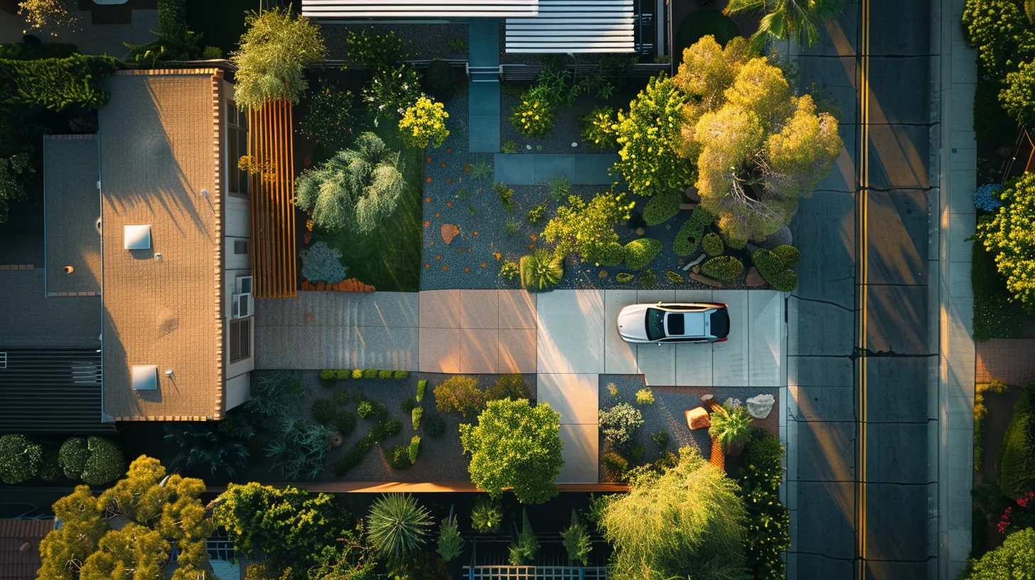 a neatly arranged arizona yard, showcasing well-defined landscaping features like a modern terrace and stylish driveway, is seen from a slightly elevated angle, emphasizing the clean lines and meticulous preparation for a landscaping estimation visit. a neatly arranged arizona yard, showcasing well-defined landscaping features like a modern terrace and stylish driveway, is seen from a slightly elevated angle, emphasizing the clean lines and meticulous preparation for a landscaping estimation visit.