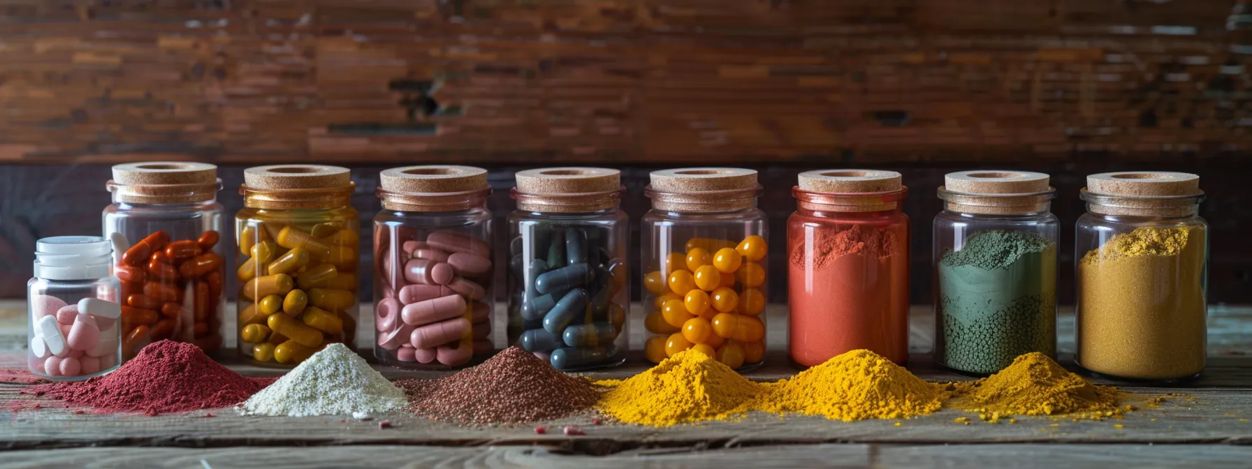 a neatly arranged display of vibrant powdered vitamin supplements in various containers sits on a rustic wooden table, illuminated by soft natural light, inviting viewers to explore their health benefits.