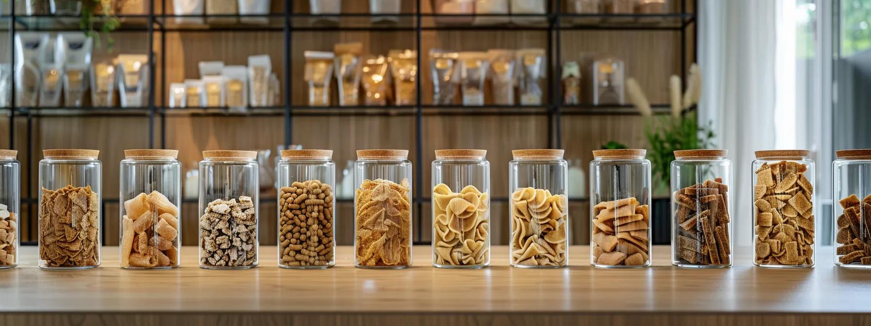 a neatly arranged display of freeze-dried pet treats in elegant glass jars on a sleek, modern office desk, reflecting a commitment to minimal processing and natural ingredients, with soft, controlled lighting enhancing the textures and colors of the treats. a neatly arranged display of freeze-dried pet treats in elegant glass jars on a sleek, modern office desk, reflecting a commitment to minimal processing and natural ingredients, with soft, controlled lighting enhancing the textures and colors of the treats.