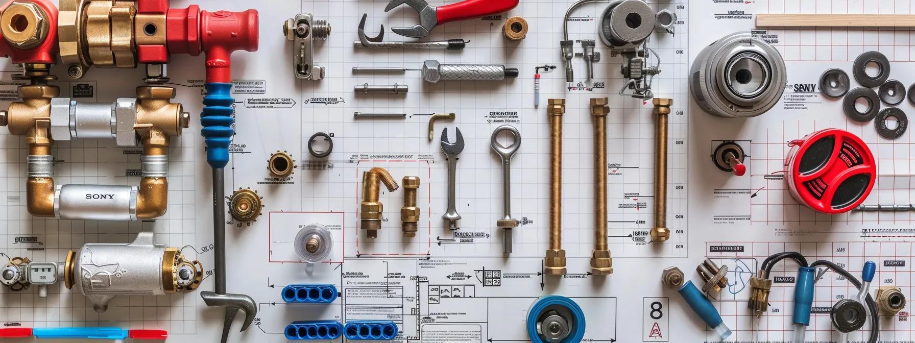 a neatly arranged home workshop reveals an array of essential plumbing tools, including a plunger alongside various repair kits, set against a tidy backdrop of plumbing manuals and pipe diagrams, emphasising the theme of diy plumbing solutions.