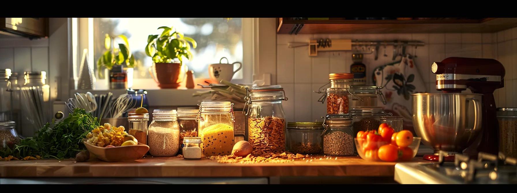 a neatly organized kitchen countertop displays an array of safe ingredients for homemade cat treats, accompanied by a prominently placed 'no' symbol over harmful additives like xylitol and onion, all bathed in bright, focused artificial lighting for clarity.