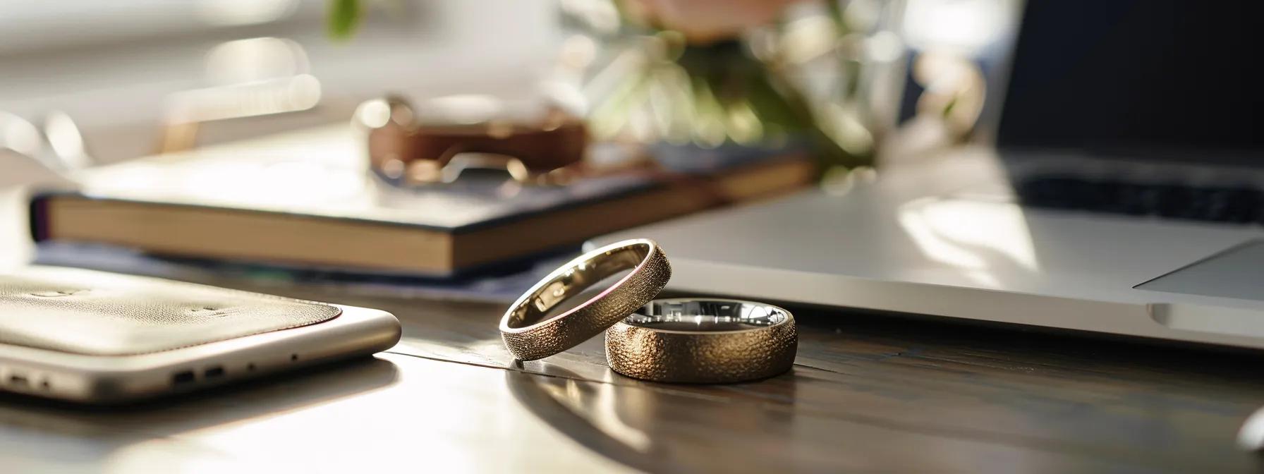 a pair of elegantly designed alternative wedding bands, crafted from unique materials, glisten on a sleek, contemporary office desk embellished with wedding planning books and a laptop, highlighting their affordability and modern appeal. a pair of elegantly designed alternative wedding bands, crafted from unique materials, glisten on a sleek, contemporary office desk embellished with wedding planning books and a laptop, highlighting their affordability and modern appeal.