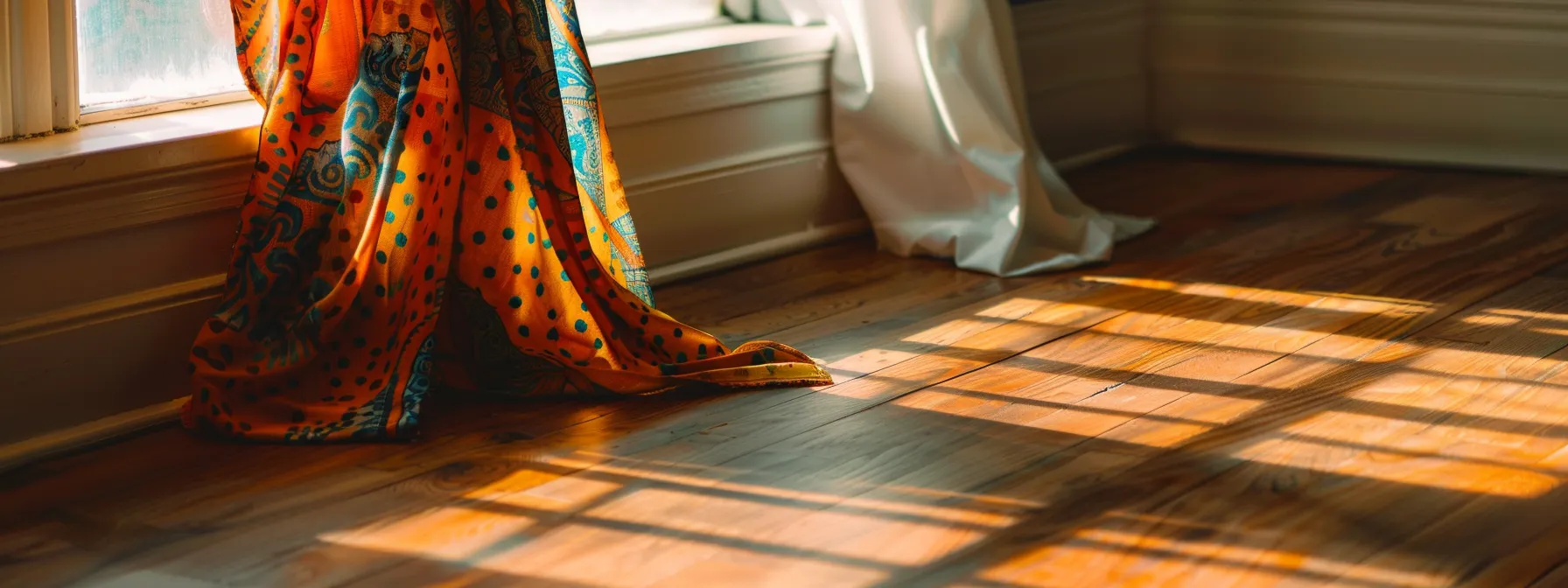 a pair of vibrant, patterned leggings elegantly drapes over a polished wooden floor, illuminated by soft natural light streaming through a nearby window, creating a warm and inviting atmosphere.