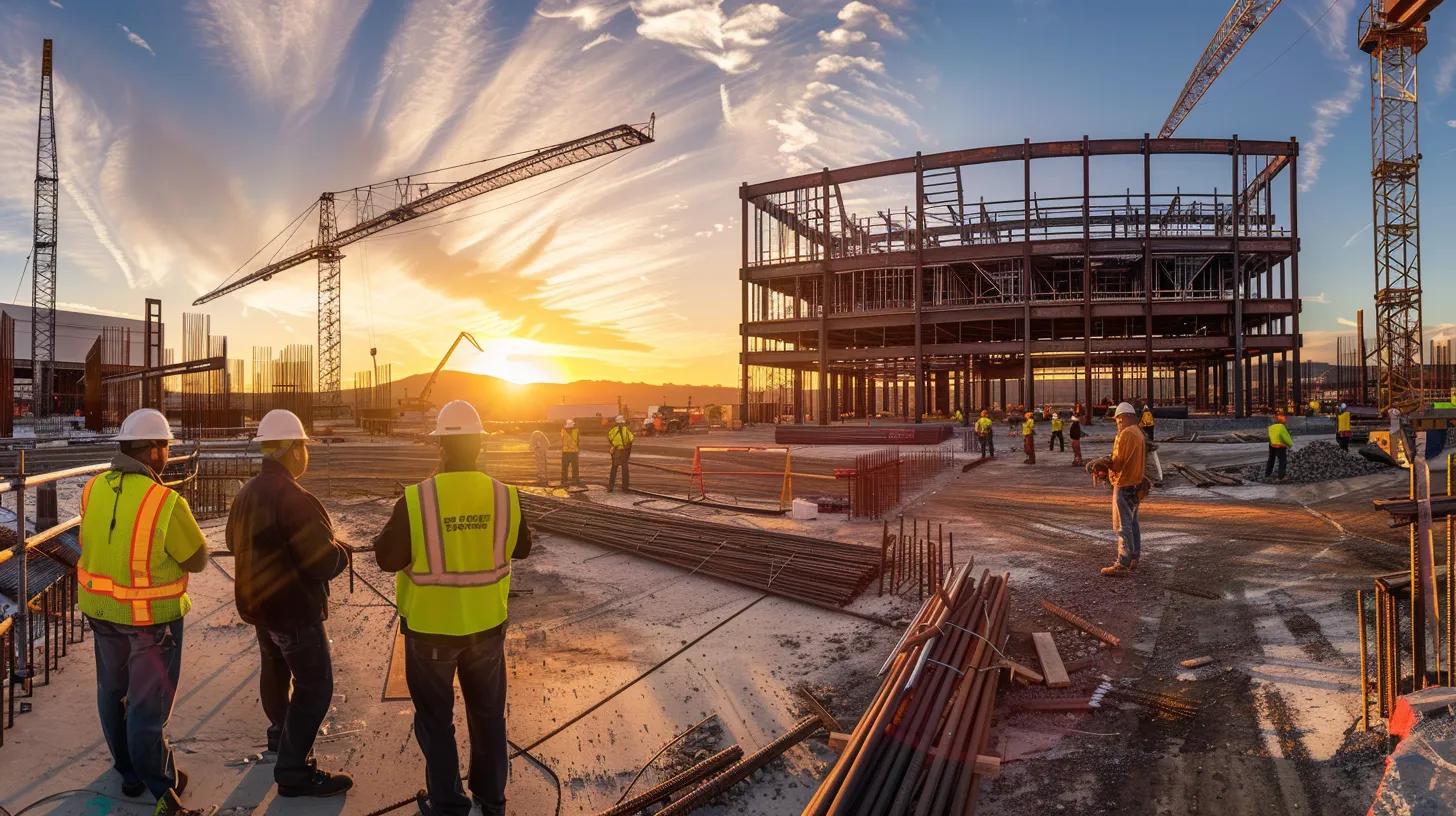 a panoramic view captures a bustling construction site in knoxville, highlighting a diverse team of professionals collaborating amid towering steel beams and vibrant materials, with the warm glow of the setting sun illuminating their focused expressions.