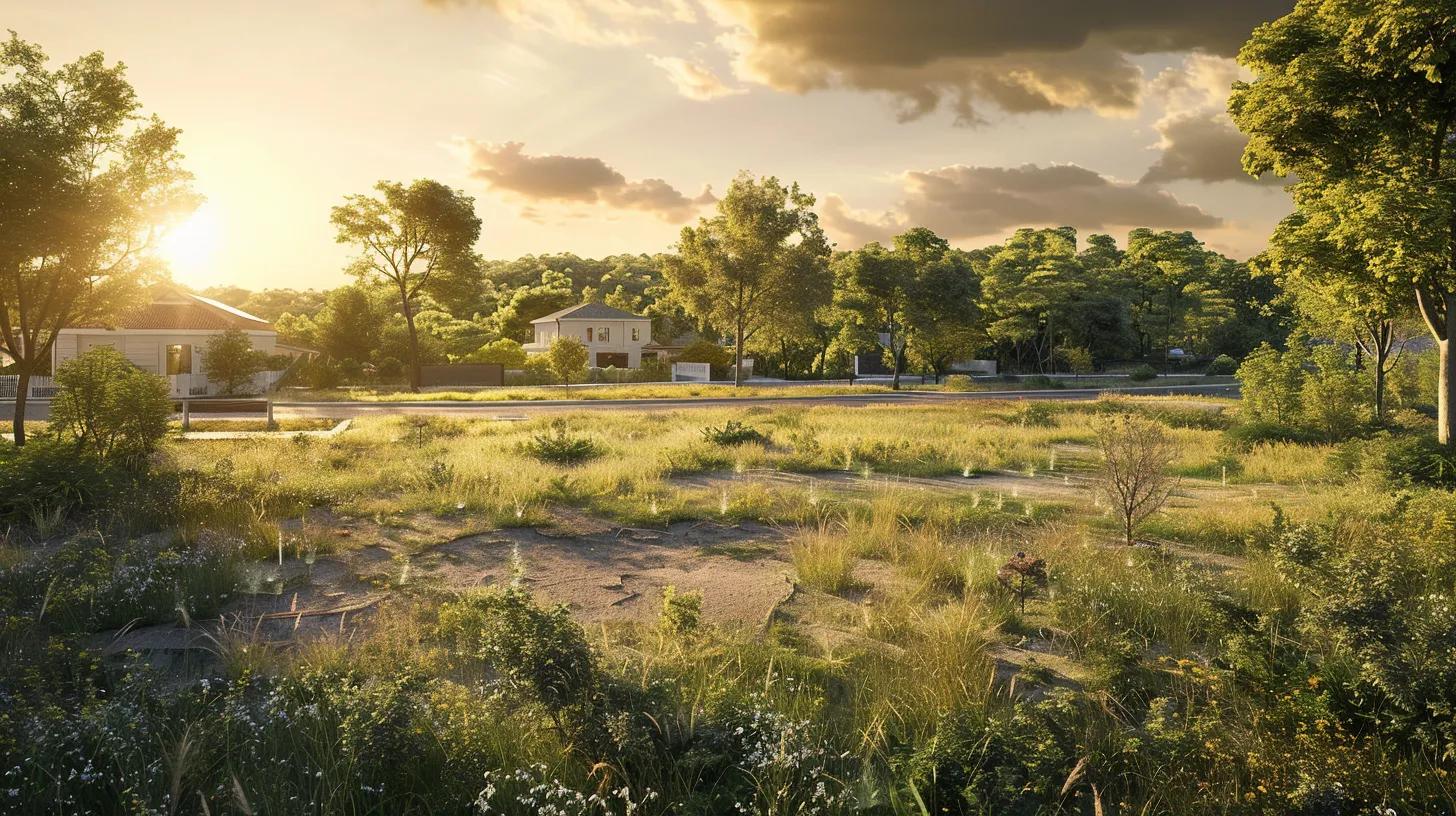 a panoramic view of a serene empty lot nestled in a picturesque neighborhood, surrounded by lush greenery and gently sloping hills, bathed in warm golden sunlight that highlights the potential for a dream home. a panoramic view of a serene empty lot nestled in a picturesque neighborhood, surrounded by lush greenery and gently sloping hills, bathed in warm golden sunlight that highlights the potential for a dream home.