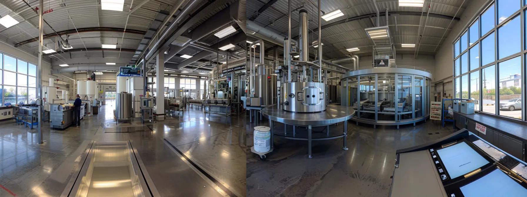a panoramic view of a modern protein powder manufacturing facility, showcasing gleaming machinery and pristine production lines under bright, natural lighting, emphasizing the commitment to quality and safety in health-driven manufacturing practices.