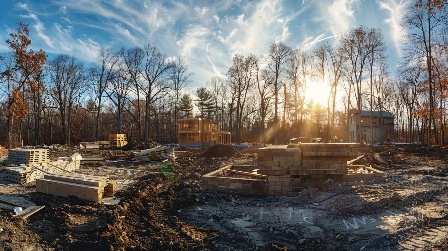 a panoramic view of a custom home under construction, showcasing a robust foundation and stacks of varied building materials, illuminated by warm afternoon sunlight filtering through trees, symbolizing the intricate planning and investment in personalized architectural design. a panoramic view of a custom home under construction, showcasing a robust foundation and stacks of varied building materials, illuminated by warm afternoon sunlight filtering through trees, symbolizing the intricate planning and investment in personalized architectural design.