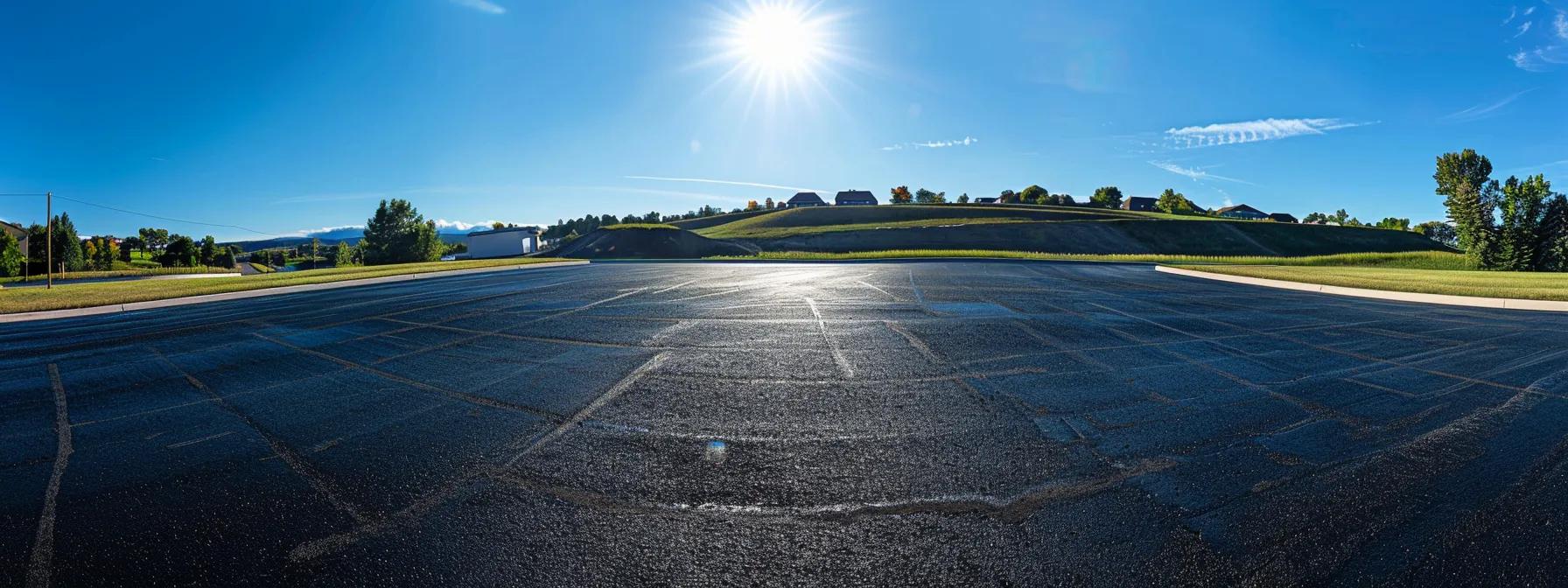 a panoramic view of a meticulously paved commercial asphalt project, showcasing smooth, gleaming black surfaces that reflect the bright sun, surrounded by vibrant green landscapes and modern structures, emphasizing the perfection of planning and execution.