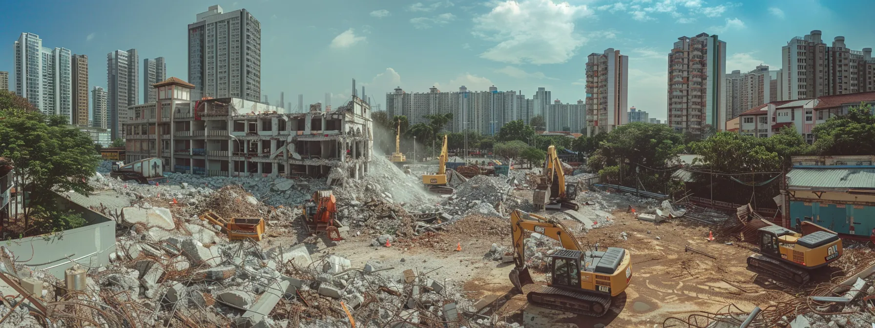 a panoramic view of a bustling urban demolition site highlights heavy machinery efficiently breaking down a building, surrounded by vibrant greenery and clear signage promoting sustainable practices amid the dynamic dust and debris. a panoramic view of a bustling urban demolition site highlights heavy machinery efficiently breaking down a building, surrounded by vibrant greenery and clear signage promoting sustainable practices amid the dynamic dust and debris.