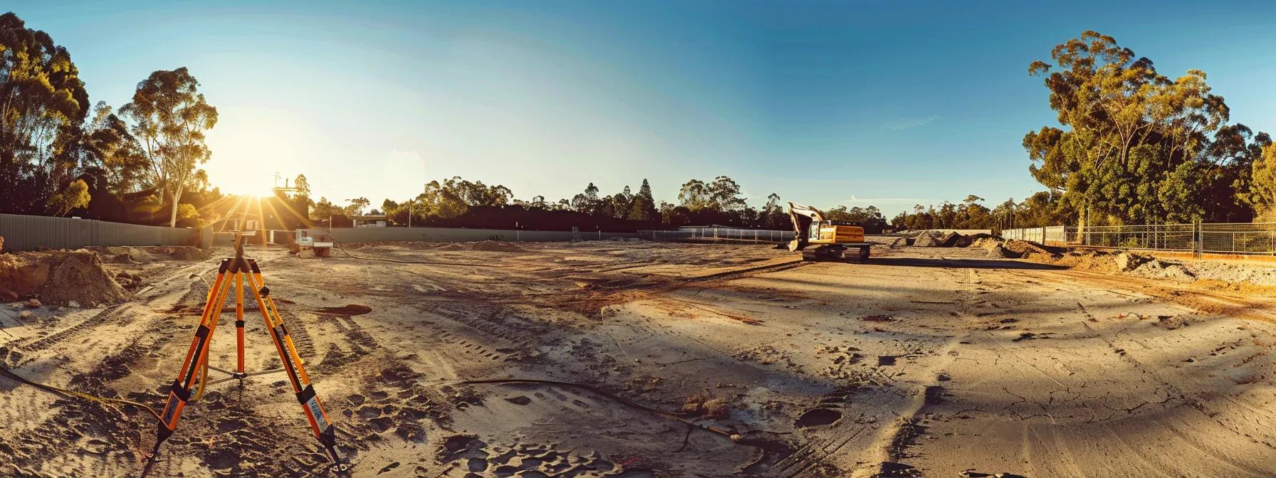a panoramic view of a construction site showcasing freshly assessed soil with measuring equipment, surrounded by rich earthy tones and patches of lush greenery, illuminated by the warm morning sunlight to emphasize the meticulous preparation for asphalt paving.