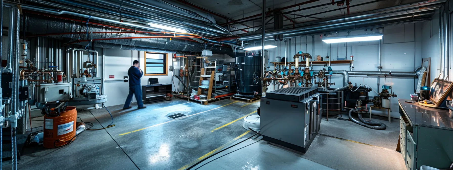 a panoramic view of a skilled plumber expertly rerouting gleaming steel pipes in a well-lit, modern basement, showcasing the intricate connections and organized workspace essential for enhancing water system functionality.