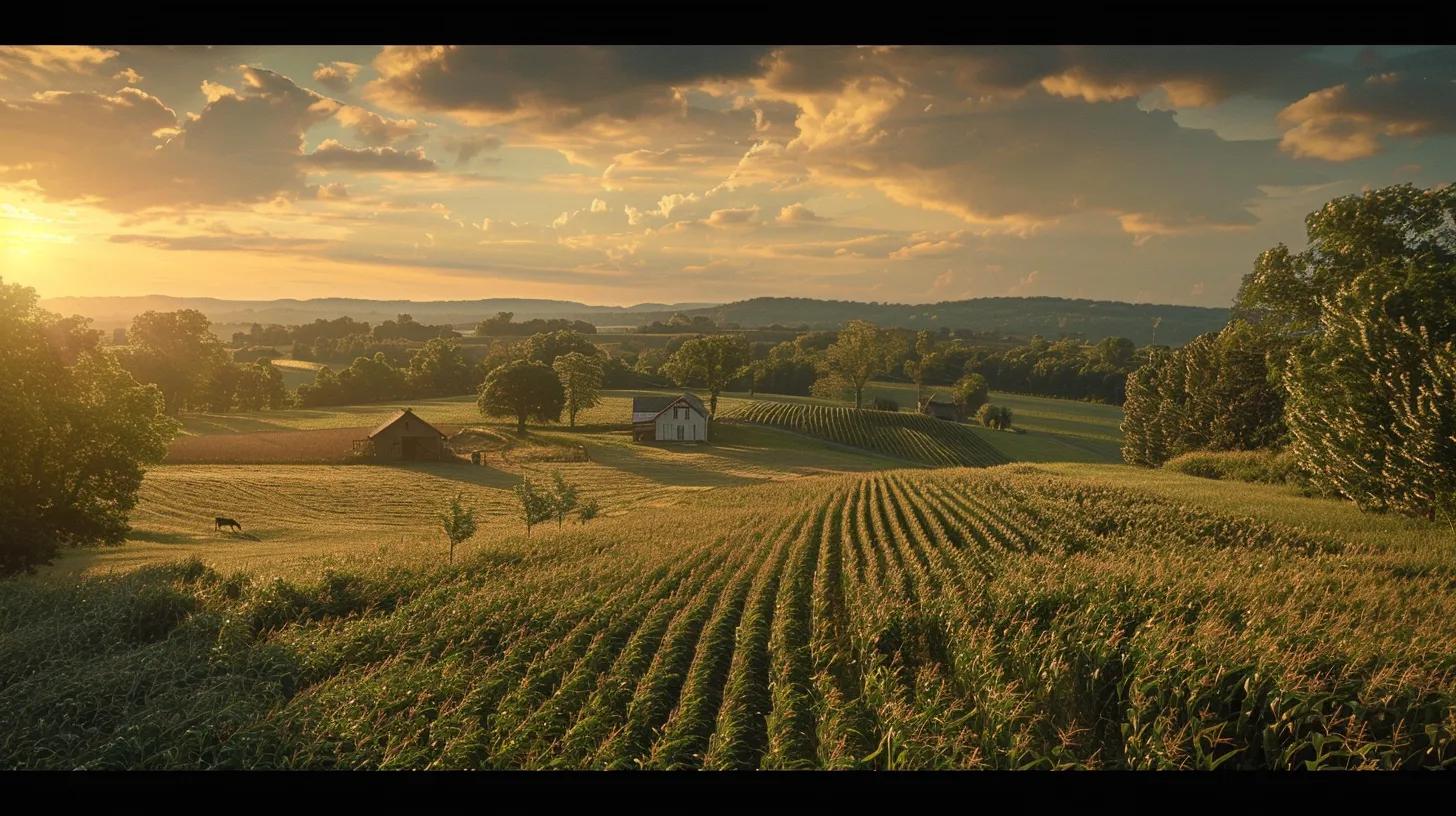 a panoramic view of a sprawling midwest cornfield at sunset, showcasing dense rows of vibrant green corn plants demonstrating robust growth, with a nearby rustic farmhouse hinting at agricultural prosperity and a deer grazing in the foreground, symbolizing the synergy between wildlife attraction and farming success. a panoramic view of a sprawling midwest cornfield at sunset, showcasing dense rows of vibrant green corn plants demonstrating robust growth, with a nearby rustic farmhouse hinting at agricultural prosperity and a deer grazing in the foreground, symbolizing the synergy between wildlife attraction and farming success.