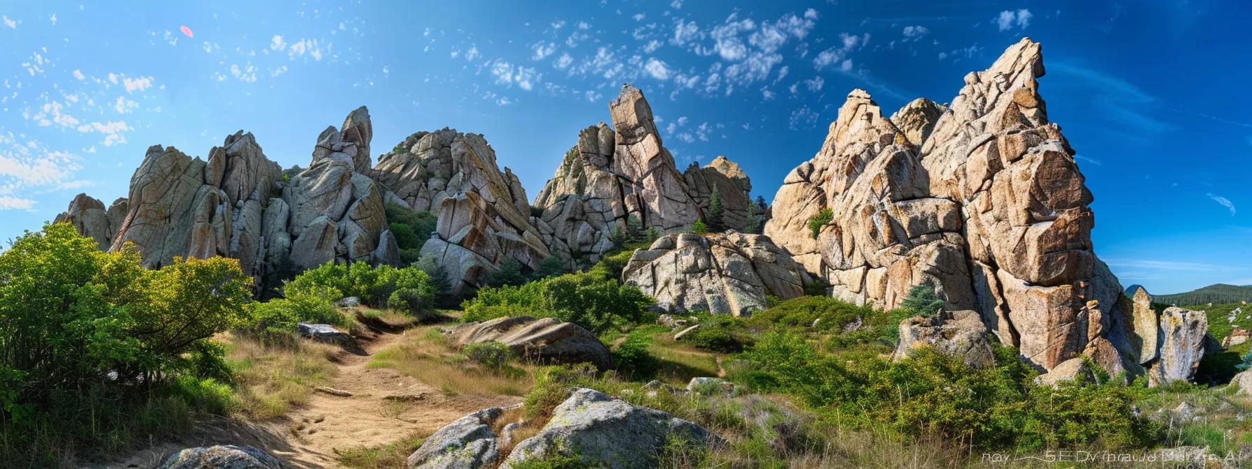 a panoramic view of a rugged blue ridge mountain trail, featuring prominent historical landmarks embedded among dramatic rock formations, capturing the essence of adventure and rich local lore against a clear blue sky. a panoramic view of a rugged blue ridge mountain trail, featuring prominent historical landmarks embedded among dramatic rock formations, capturing the essence of adventure and rich local lore against a clear blue sky.