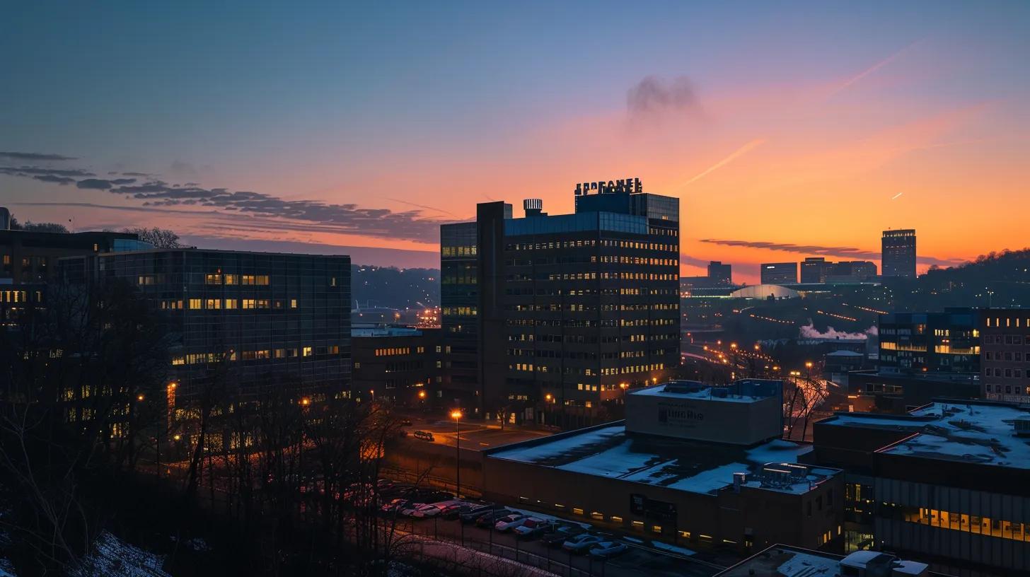 a panoramic view of a vibrant knoxville skyline at sunset, emphasizing modern commercial buildings that reflect the unique architectural needs and regulatory compliance of the area surrounding the university of tennessee. a panoramic view of a vibrant knoxville skyline at sunset, emphasizing modern commercial buildings that reflect the unique architectural needs and regulatory compliance of the area surrounding the university of tennessee.