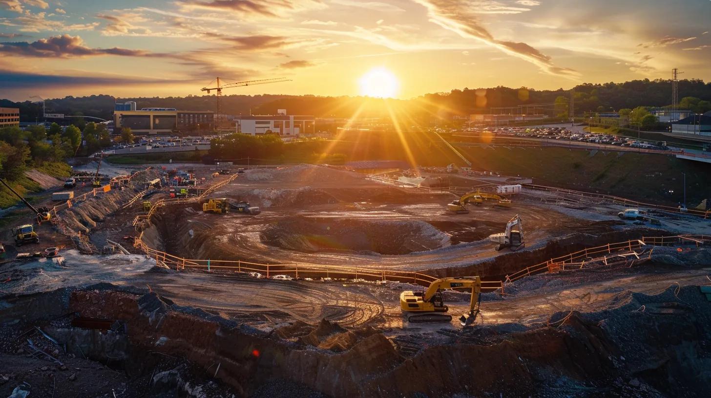 a panoramic view of a dynamic construction site in knoxville, showcasing skilled workers engaged in various industrial tasks under soft golden hour lighting, emphasizing their expertise and innovative solutions in building and renovation. a panoramic view of a dynamic construction site in knoxville, showcasing skilled workers engaged in various industrial tasks under soft golden hour lighting, emphasizing their expertise and innovative solutions in building and renovation.