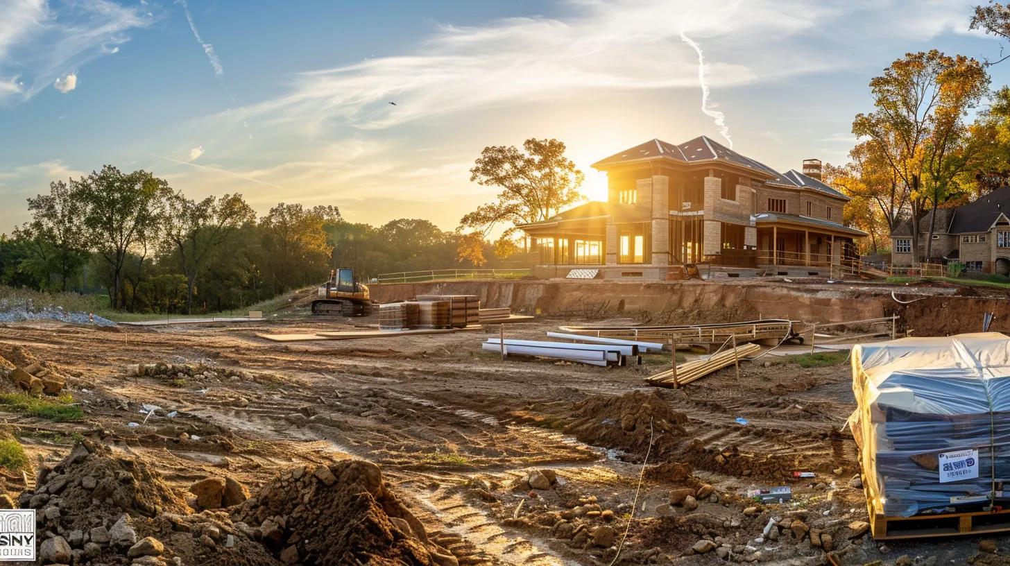 a panoramic view of a custom home under construction, showcasing an expansive and meticulously landscaped yard with piles of materials and equipment, bathed in golden afternoon light to embody the theme of hidden costs in homebuilding. a panoramic view of a custom home under construction, showcasing an expansive and meticulously landscaped yard with piles of materials and equipment, bathed in golden afternoon light to embody the theme of hidden costs in homebuilding.