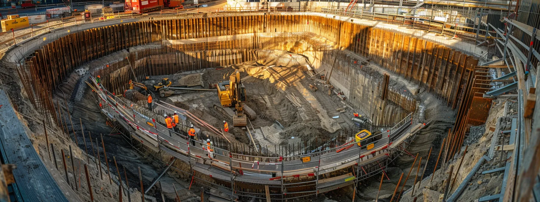 a panoramic view of a construction site showcases a robust foundation excavation, highlighted by workers conducting meticulous inspections amidst heavy machinery and safety barriers under bright sunlight. a panoramic view of a construction site showcases a robust foundation excavation, highlighted by workers conducting meticulous inspections amidst heavy machinery and safety barriers under bright sunlight.
