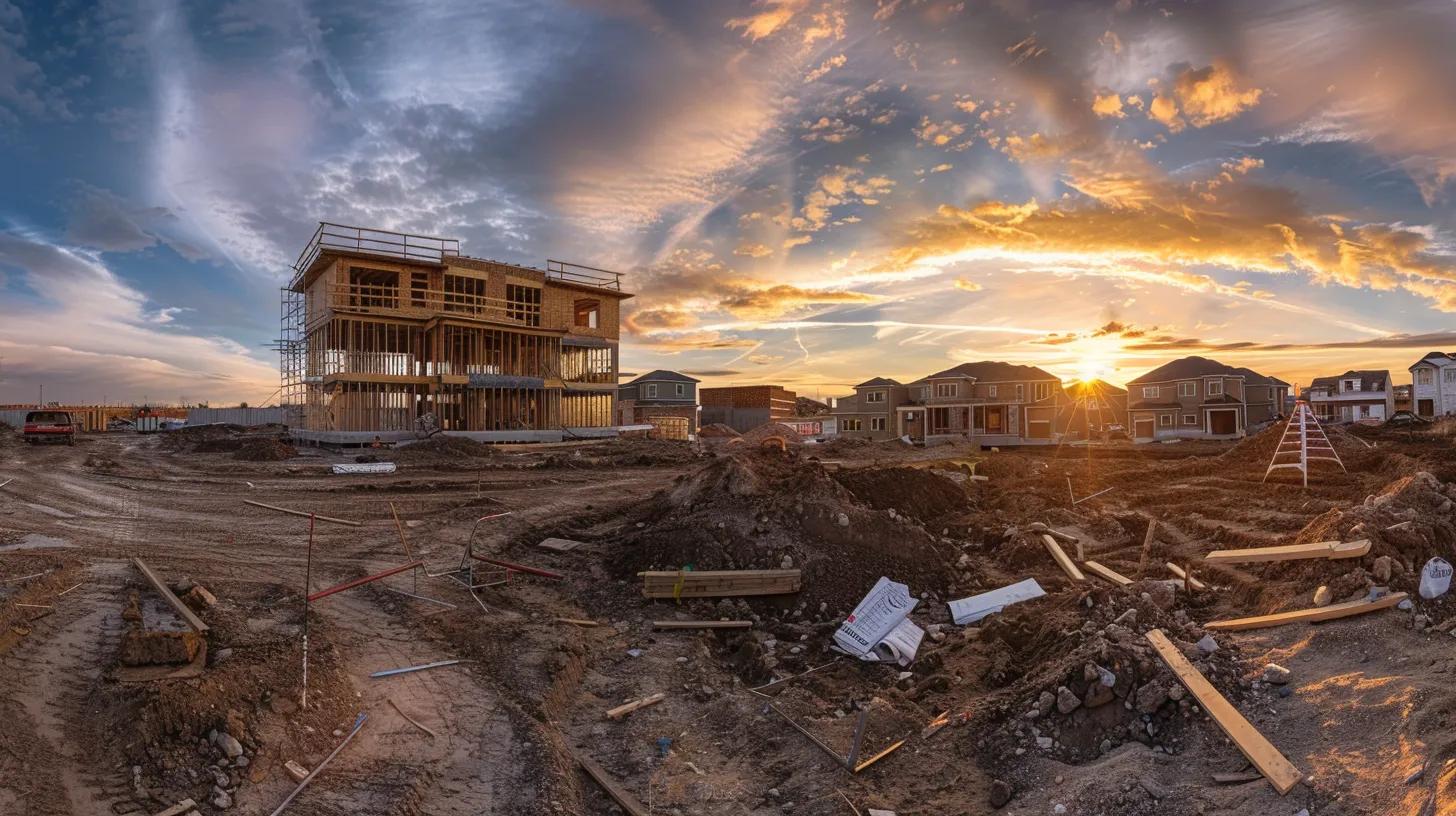 a panoramic view of a construction site, showcasing a half-built house surrounded by a maze of signs and blueprints symbolizing complex building regulations and zoning laws, under a dramatic sunset that highlights the challenges builders face. a panoramic view of a construction site, showcasing a half-built house surrounded by a maze of signs and blueprints symbolizing complex building regulations and zoning laws, under a dramatic sunset that highlights the challenges builders face.