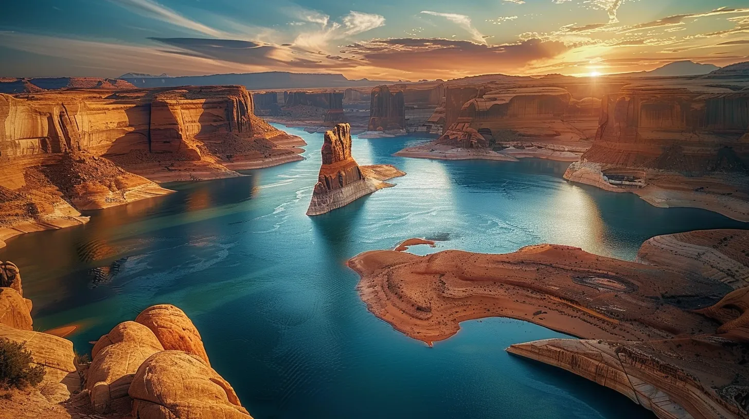 a panoramic view of the shimmering blue waters of lake pleasant in arizona, framed by rugged desert cliffs and vibrant sunset hues, showcasing the inviting allure of outdoor recreational activities. a panoramic view of the shimmering blue waters of lake pleasant in arizona, framed by rugged desert cliffs and vibrant sunset hues, showcasing the inviting allure of outdoor recreational activities.