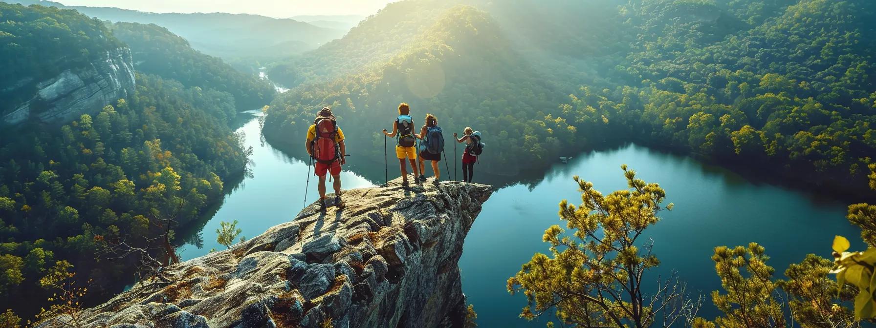 a panoramic view showcases a vibrant outdoor adventure scene in blue ridge, ga, featuring dynamic thrill-seekers navigating rugged mountain trails against the backdrop of the striking deep blue mountains and shimmering lakes. a panoramic view showcases a vibrant outdoor adventure scene in blue ridge, ga, featuring dynamic thrill-seekers navigating rugged mountain trails against the backdrop of the striking deep blue mountains and shimmering lakes.