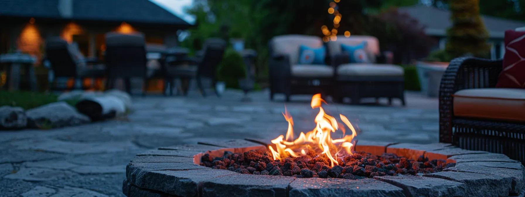 a patio fire pit glowing with propane flames, showcasing the ease of use and low maintenance benefits of this fuel type. a patio fire pit glowing with propane flames, showcasing the ease of use and low maintenance benefits of this fuel type.