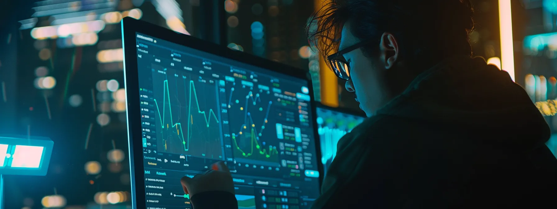 a person analyzing a detailed graph on a computer screen, comparing campaign performance metrics to industry standards. a person analyzing a detailed graph on a computer screen, comparing campaign performance metrics to industry standards.