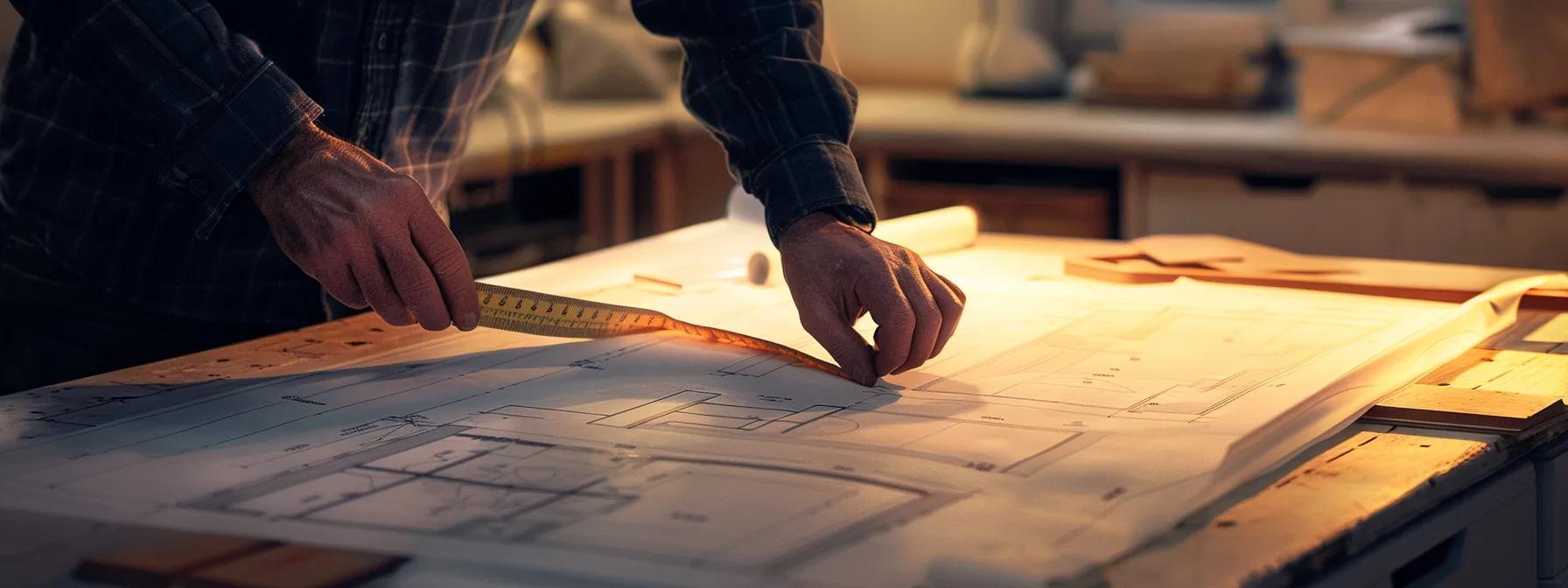 a person with a measuring tape in hand, carefully examining the square footage of a room with a blueprint spread out on a table. a person with a measuring tape in hand, carefully examining the square footage of a room with a blueprint spread out on a table.