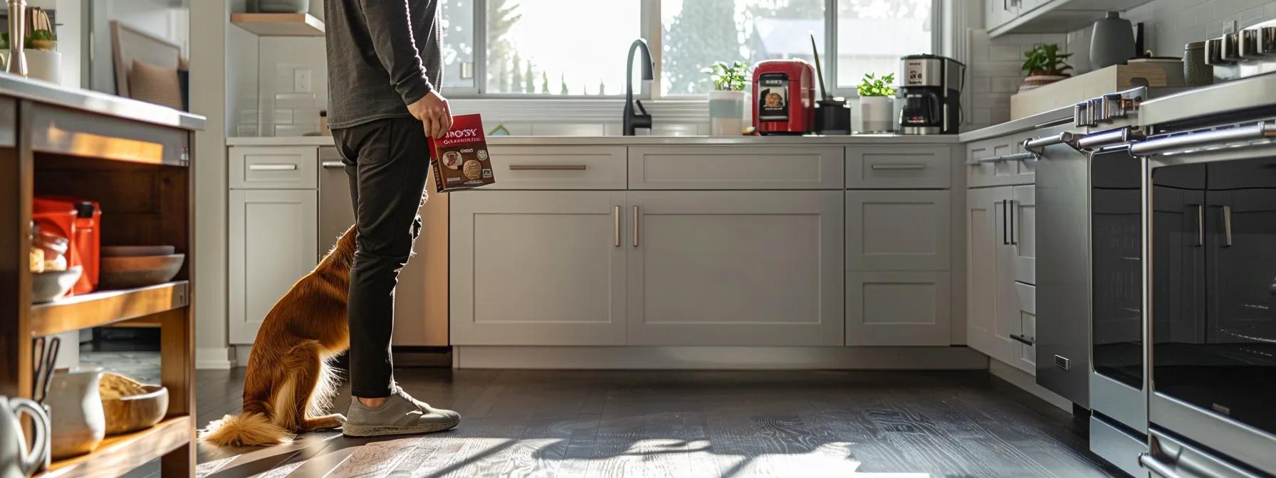a pet owner inspects a premium dog food package in a sleek, modern kitchen, emphasizing trustworthiness through visible quality seals and a backdrop of organized pet supplies, conveying a commitment to safe nutrition for their dog. a pet owner inspects a premium dog food package in a sleek, modern kitchen, emphasizing trustworthiness through visible quality seals and a backdrop of organized pet supplies, conveying a commitment to safe nutrition for their dog.