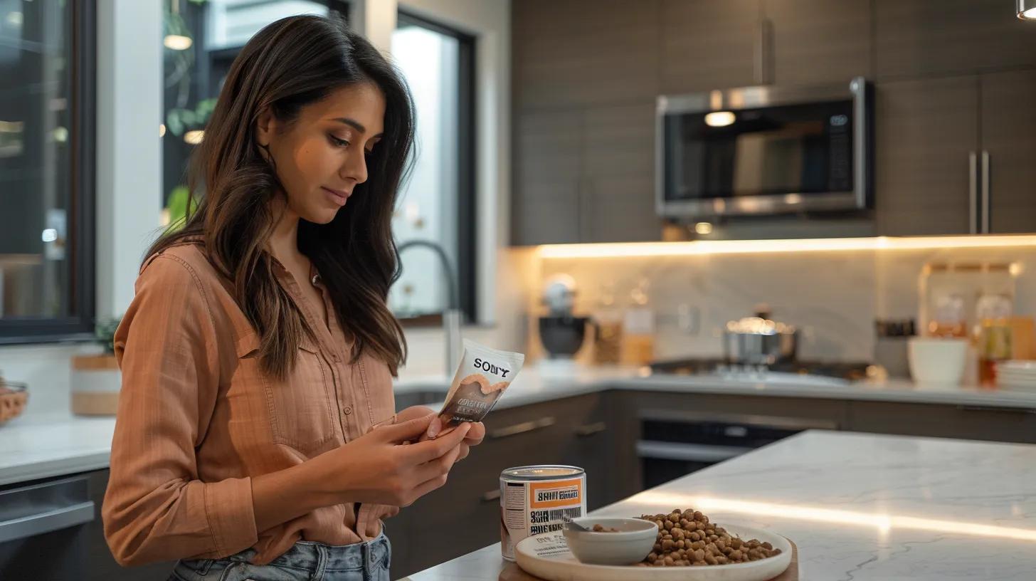a pet owner stands thoughtfully in a modern kitchen, examining a bag of nutrisource pet food with subtle expressions of concern, highlighting the potential downsides of cost and availability against a backdrop of sleek appliances and organized pet supplies. a pet owner stands thoughtfully in a modern kitchen, examining a bag of nutrisource pet food with subtle expressions of concern, highlighting the potential downsides of cost and availability against a backdrop of sleek appliances and organized pet supplies.