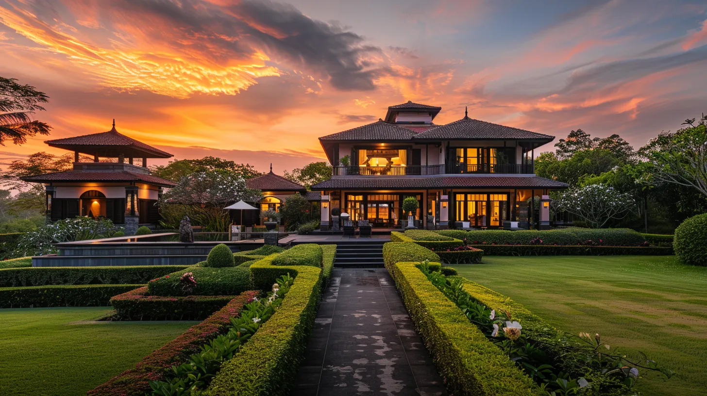 a picturesque custom-built home stands proudly in a lush, manicured garden, showcasing its impeccable craftsmanship and reflecting the high ratings and awards displayed nearby, under a vibrant sunset sky. a picturesque custom-built home stands proudly in a lush, manicured garden, showcasing its impeccable craftsmanship and reflecting the high ratings and awards displayed nearby, under a vibrant sunset sky.