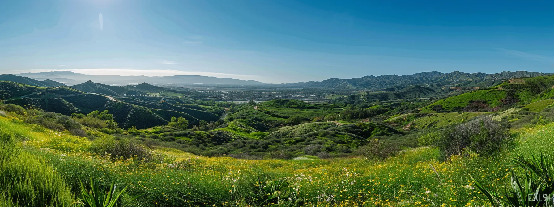 a picturesque panorama of a tranquil conejo valley landscape, showcasing vibrant green hills and flourishing flora under a clear blue sky, with subtle hints of urban development in the distance.