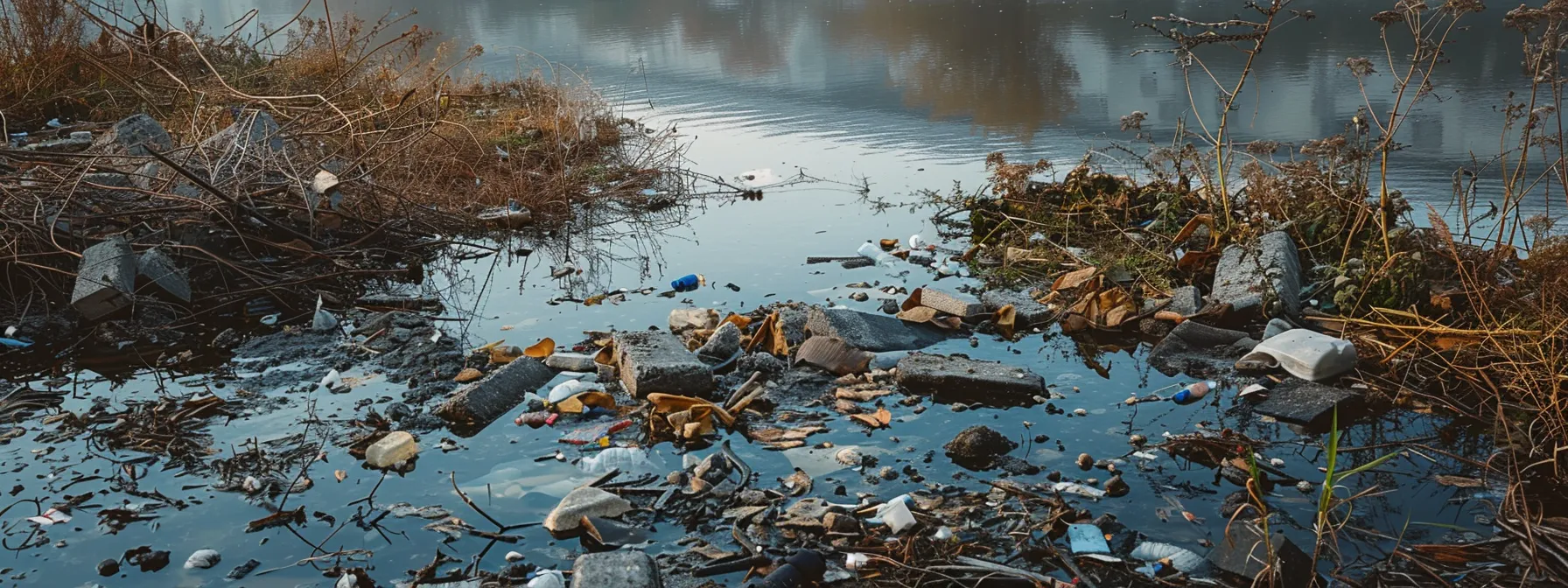 a pile of concrete waste surrounded by polluted water and dead plants, illustrating the environmental impact of improper disposal. a pile of concrete waste surrounded by polluted water and dead plants, illustrating the environmental impact of improper disposal.