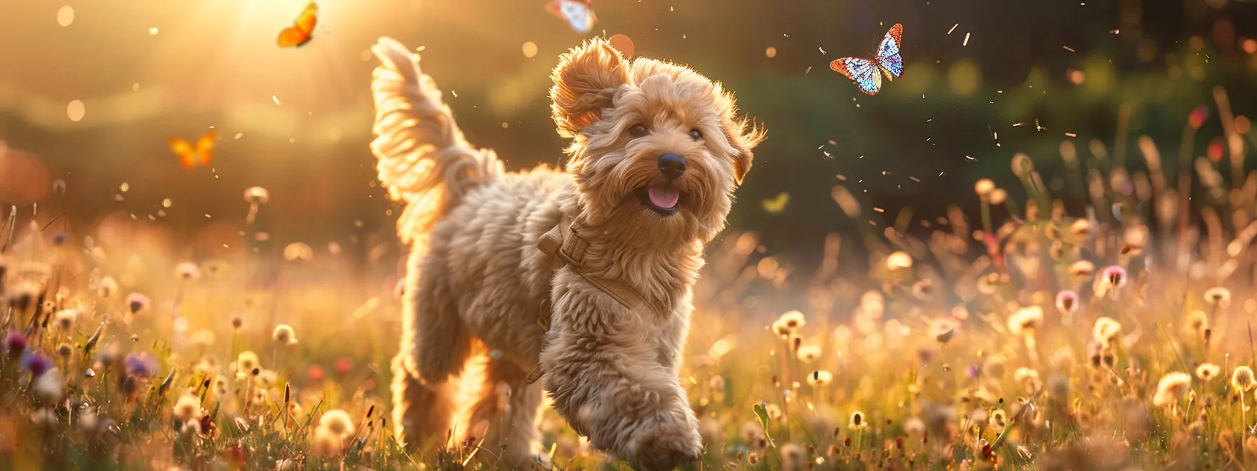 a playful golden retriever and a fluffy goldendoodle frolic together in a sun-drenched meadow, their fur shimmering in the golden light as they chase after colorful butterflies.
