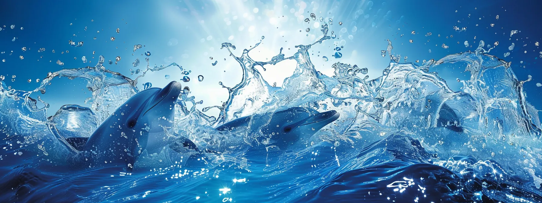 a playful pod of dolphins bursts through the crystalline ocean surface, glistening droplets of water catching the sunlight as they leap joyfully in a vibrant blue marine setting.
