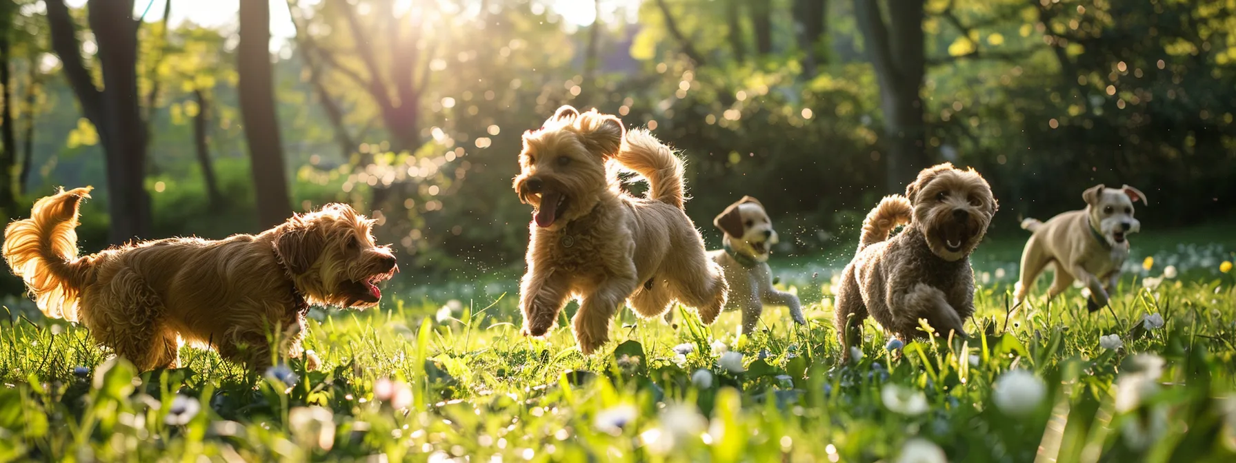 a playful scene captures a group of cheerful doodles and retrievers frolicking in a sunlit park, their fluffy coats glistening amidst vibrant green grass and blooming flowers.
