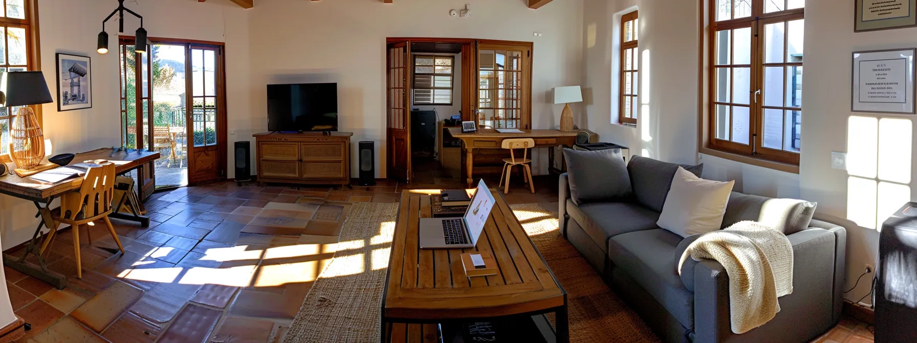 a polished airbnb hosting space features a luxurious, sunlit interior adorned with stylish furnishings, where a laptop displays an organized messaging interface alongside neatly categorized documentation, embodying the professional diligence of a meticulous host.