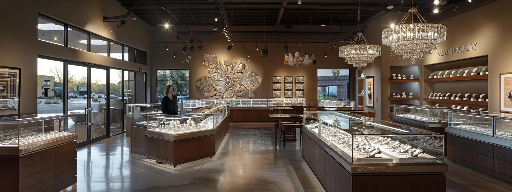 a polished and sophisticated tucson jewelry showroom, showcasing a dazzling array of diamonds under warm, focused lighting, with an expert engaging attentively with a client, conveying a sense of personalized service and expertise in the buying experience. a polished and sophisticated tucson jewelry showroom, showcasing a dazzling array of diamonds under warm, focused lighting, with an expert engaging attentively with a client, conveying a sense of personalized service and expertise in the buying experience.