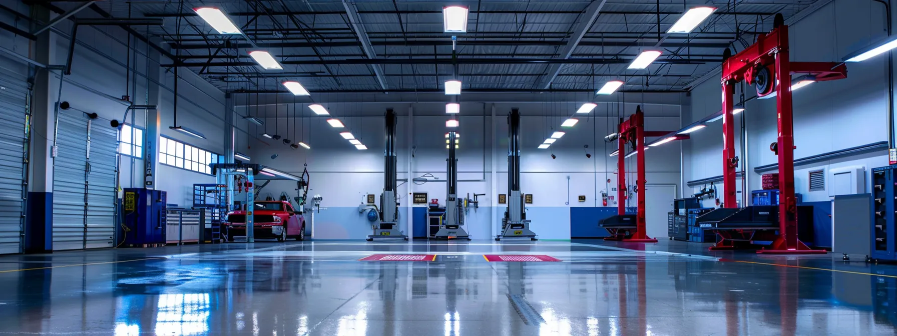 a polished automotive garage features a prominently displayed ali certified lift, surrounded by non-certified alternatives, showcasing a stark contrast in quality and safety, illuminated by bright overhead industrial lighting.